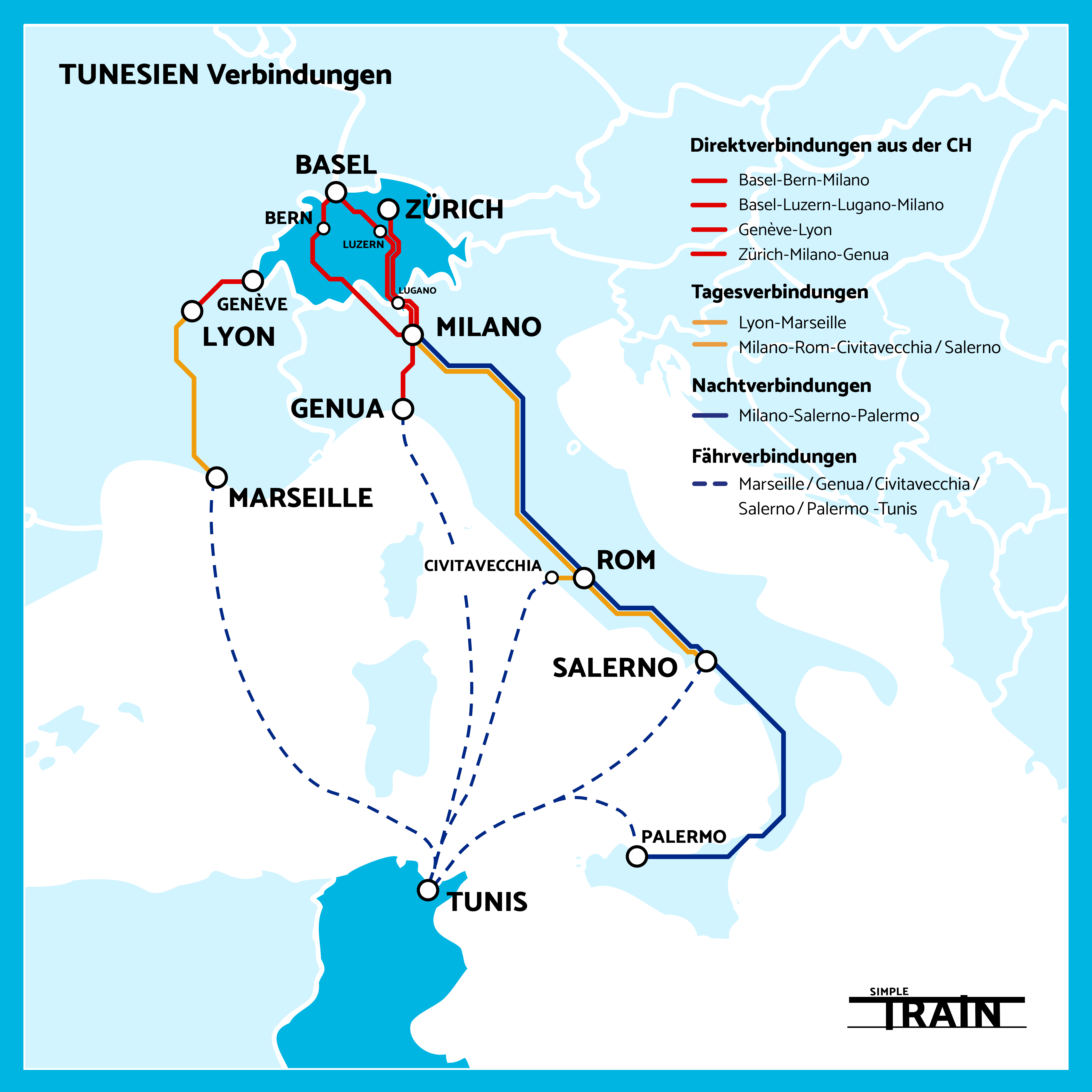 Verbindungen mit Zug und Schiff nach Tunesien